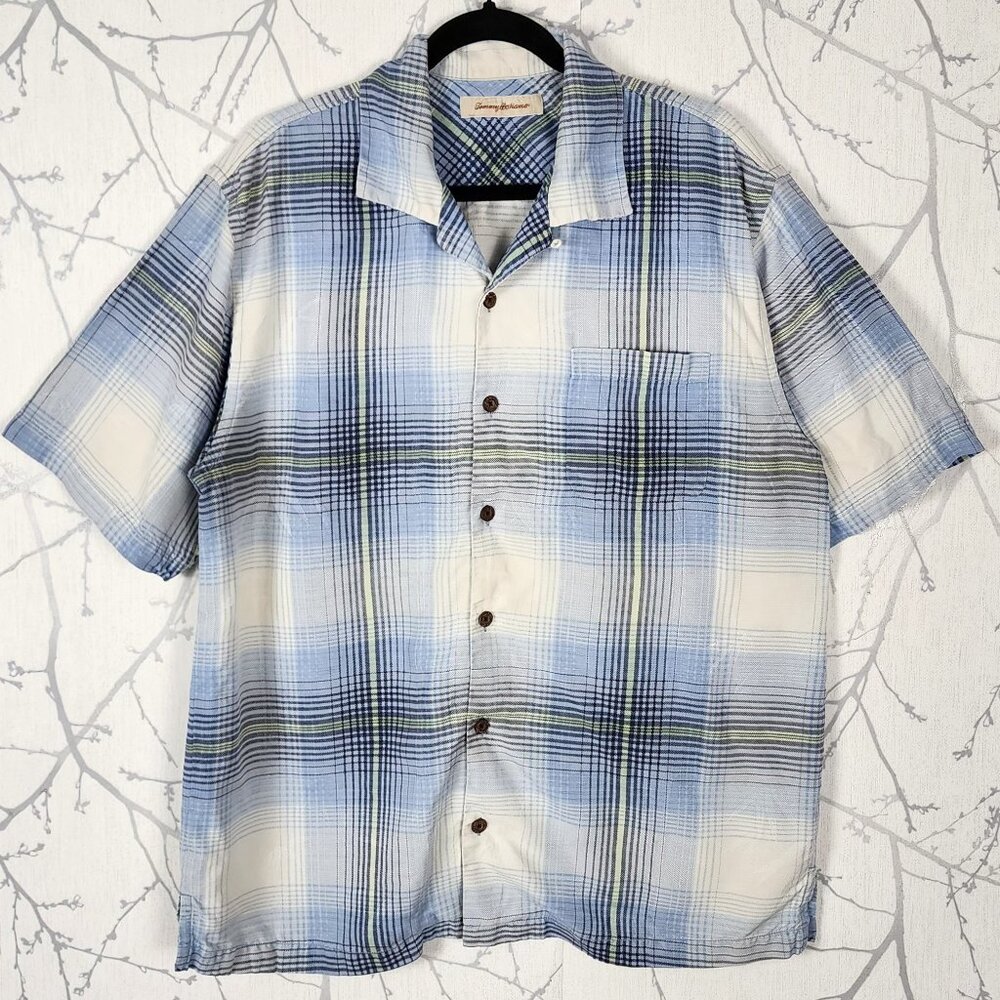 Tommy Bahama Blue White Checks Jacquard 100% Silk Camp Shirt